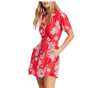 Free People Blue Hawaii Red Floral Print Mini Dress Size S Boho Bohemian